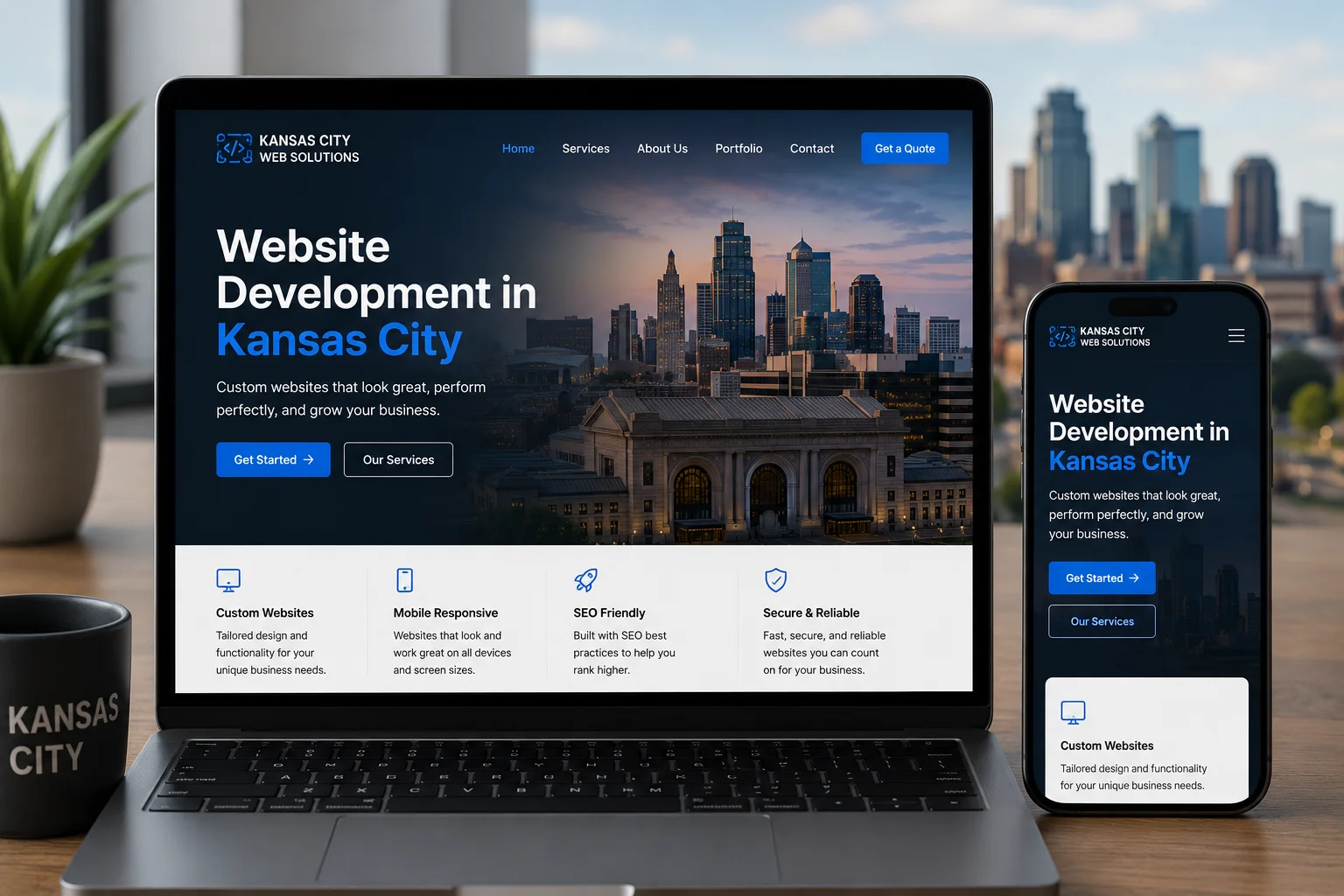 Website development in Kansas City shown on laptop and mobile phone