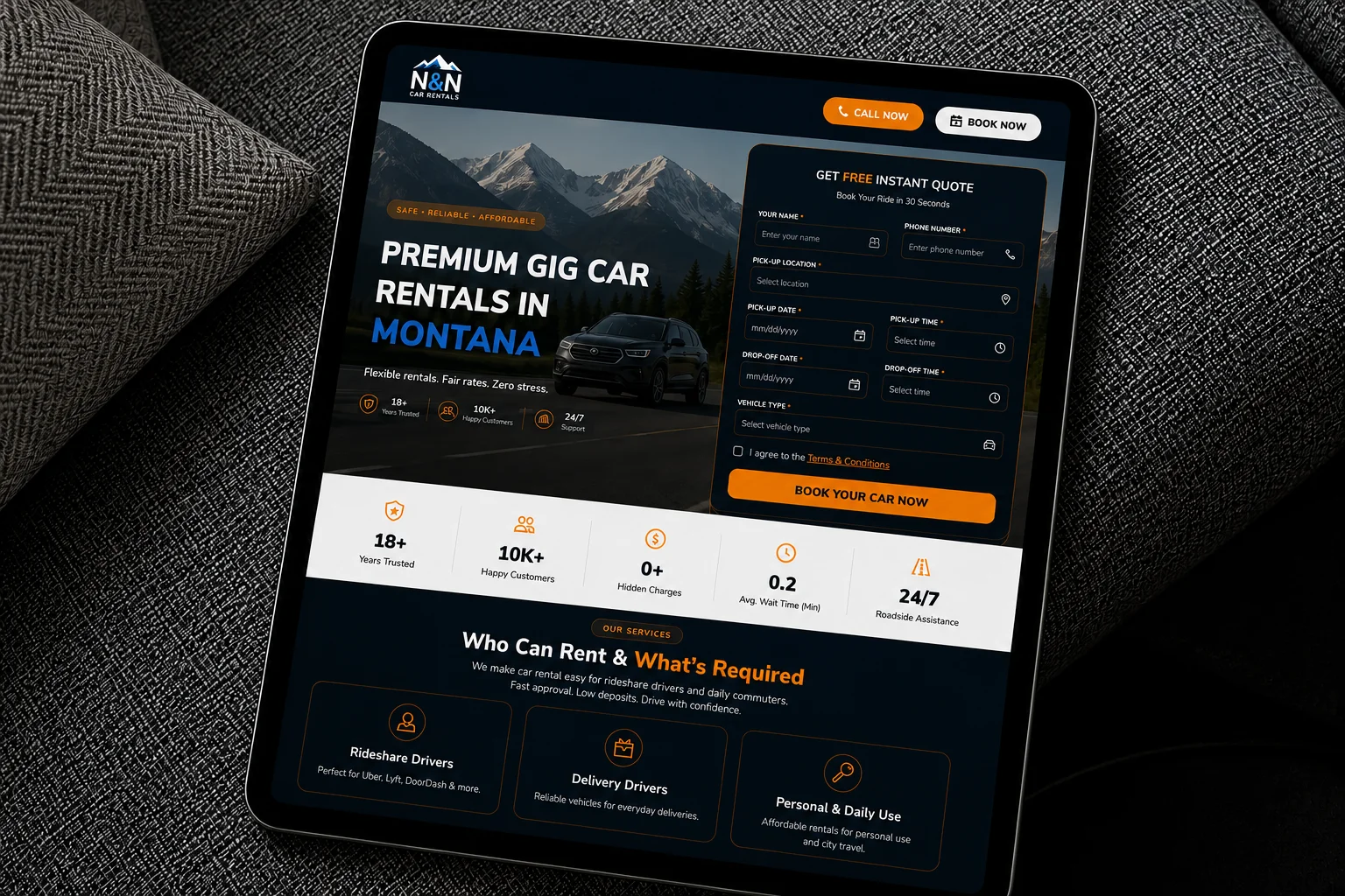 Car rental website design for Montana rental business shown on laptop and phone