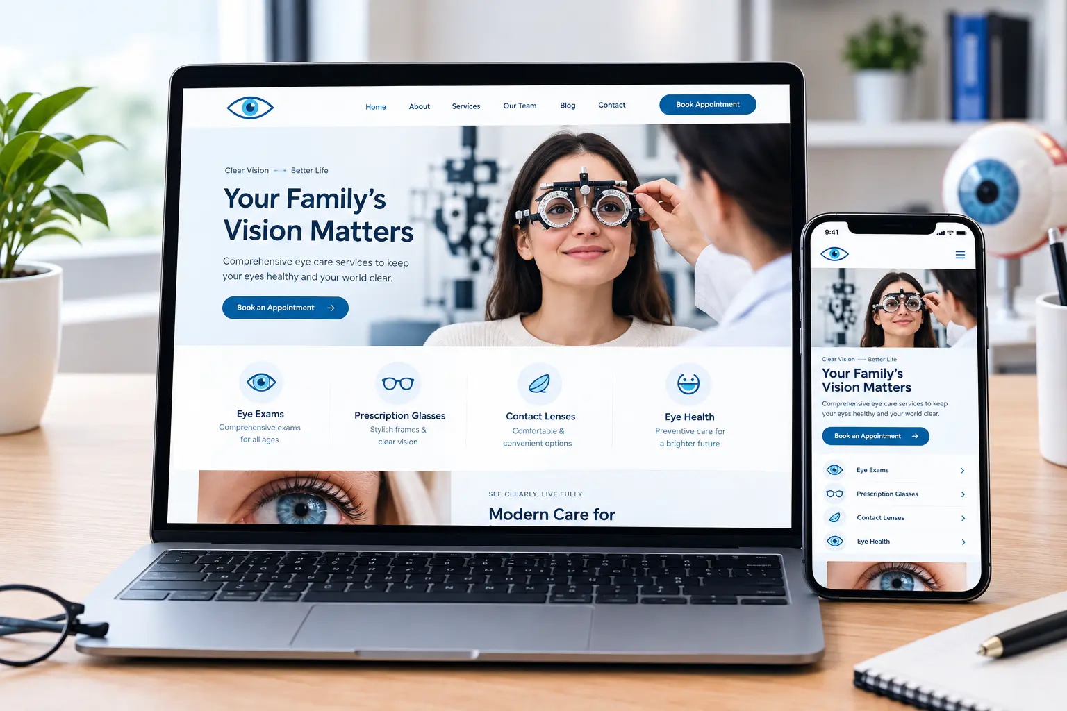 Optometry practice website shown on laptop and mobile phone
